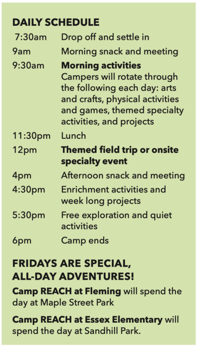 DAILY SCHEDULE 7:30am Drop off and settle in 9am Morning snack and meeting 9:30am Morning activities Campers will rotate through the following each day: arts and crafts, physical activities and games, themed specialty activities, and projects 11:30pm Lunch 12pm Themed field trip or onsite specialty event 4pm Afternoon snack and meeting 4:30pm Enrichment activities and week long projects 5:30pm Free exploration and quiet activities 6pm Camp ends FRIDAYS ARE SPECIAL, ALL-DAY ADVENTURES! Camp REACH at Fleming will spend the day at Maple Street Park Camp REACH at Essex Elementary will spend the day at Sandhill Park.